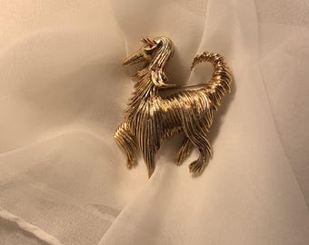 MONET Afghan Hound Dog Gold Tone Brooch,Dog Brooch,Garnet Eye Dog Brooch