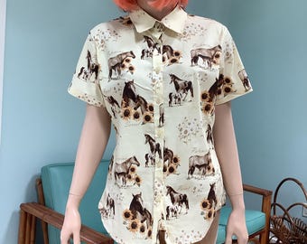 Vintage Pony Blouses,Sz L,Palomino’s,Painted Horses and Sorrels on a Collared Shirt