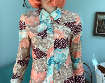 70’s Vintage Nylon Celestial Blouse, Size S-M,Dagger Collar