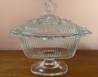 1950s Pedestal Candy Dish, Thick Ribbed Glass, Scalloped Edge Lid