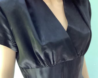 Vintage 30’s Heavy Black Liquid Satin Dress, Size 8, 40’s Cap Sleeve Dress, Evening Dresses