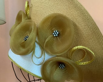 Vintage 80s Millinery Hat, Gold Rhinestone Flowers, Festive Evening Wear