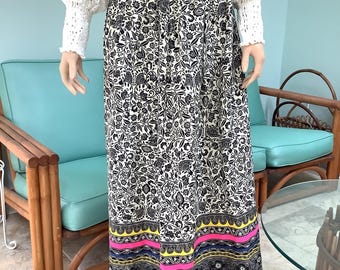 ALEX COLMAN 60s Cotton Barkcloth Maxi Skirt, Norwegian Floral Print, Size 8