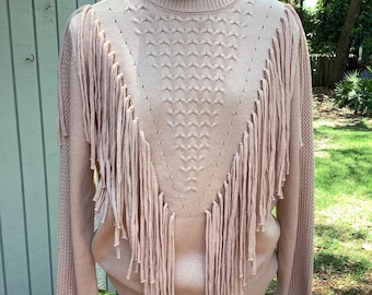 90’s Fringe Sweater, Sz M-L, Beige Crewneck Sweaters,Western Look for the 90’s