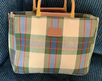 Vintage Top Handle Purse,RELIC BRAND, Plaid Canvas With Bamboo Handle