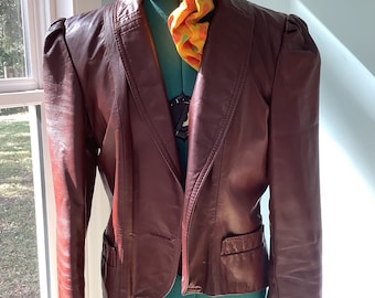 80’s Leather Jacket,Sz14,Puckered Padded Shoulder Jacket~ 70s Winter Coats