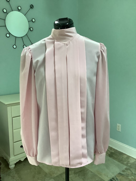 80’s Pink Polyester Blouse,Sz 12,Mock-Neck Pleate… - image 1