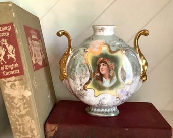 Victorian Porcelain Pottery, Portrait Vase,Baby Blue Handpainted Vase with 22k Gold Detail