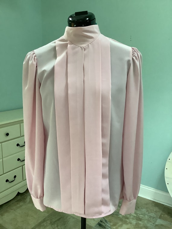 80’s Pink Polyester Blouse,Sz 12,Mock-Neck Pleate… - image 2