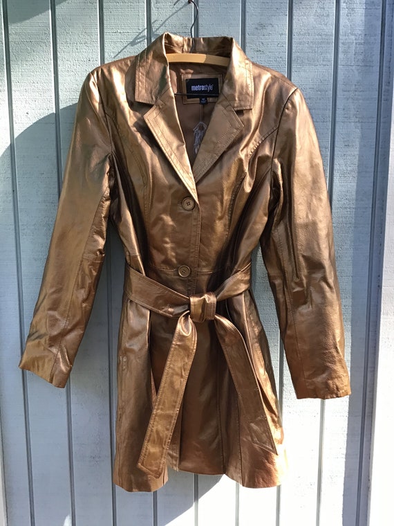 80’s-90’s Bronze Leather Trench Coat,Size 10T,Meta