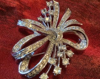 PANETTA Pave Diamond Rhinestone Bow Brooch, Silver Tone Metal Spray