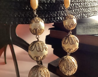 60’s Dangle Ball Earrings , Faux Ball Pearl Drop Earrings