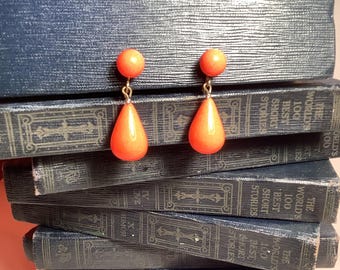60’s Bright Orange Tear Drop Glass Clip On Earrings