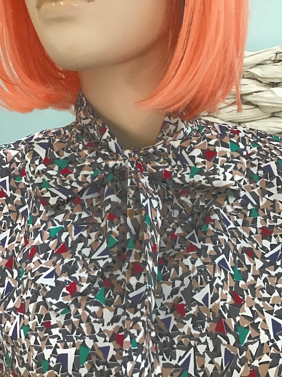 90s Abstract Print Sz L Blouse, Vintage Polyester Bow Tie Top