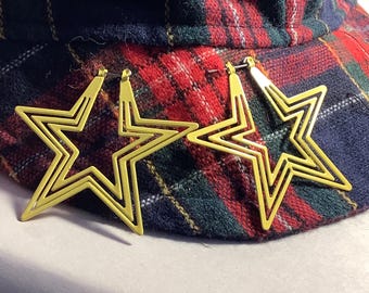 80’s STAR Pierced Hoop Like Earrings,Large Yellow Enamel Stars
