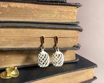 Vintage 70’s White Enamel Metal Bird Cage Dangle Earrings