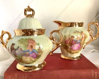 SILVESTRE Porcelain 22K Creamer and Sugar Dish, Bavarian Porcelain 1950’s Fine China