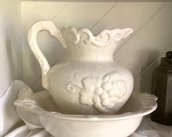 Vintage White Porcelain Pitcher Basin, Grape Vine Relief, Farmhouse Cottage Decor