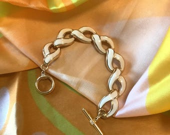 70’s Vintage Chain Link Bracelet, Toggle Ring Bracelet, Gold-tone and Enamel