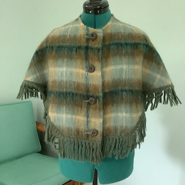 Vtg 50’s Mohair Shoulder Cape,Plaid Woven Mohair and Wool Cape, Glenrannoch Scotland