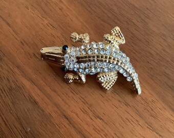 Vintage Rhinestone Alligator Brooch, Goldtone Animal Pin