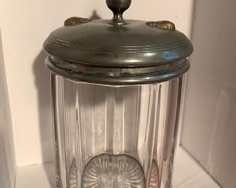 Antique Tobacciana, Heavy Egyptian Revival Glass Tobacco Humidor,Scarabs on Lid