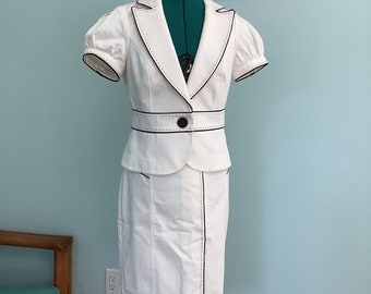 Vintage “CACHE” Suit,Sz 10,Two Piece Office Suit, 2K Cache Suits,Peplum Jacket with Puckered Short Sleeves , White Cotton Spandex Suit