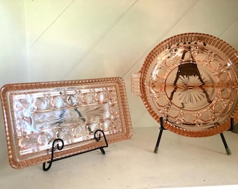 30’s Pink Depression Glass ,Divided Round Relish Dish and Olive Tray (set of 2)