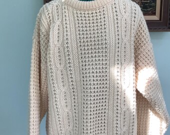 Vintage Irish Wool Pullover,Sz 44,Pure Wool Sweaters by LIBERTY,Roll Crew Neck Collar, Wool Cable Sweaters, Cream Ivory