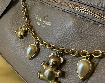 Vintage Purse Charms,Teddy Bear Charms,Handbag Charms,Goldtone and Faux Pearl Purse Charms
