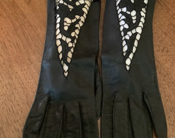 Vintage Leather Kidd Leather Gloves,Black Kidd Gloves,Lace Inset Gloves,50’s Kidd Leather