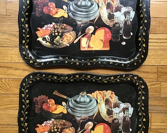70’s Hostess Serving Trays, Black with Gold Floral Detail, Set of 2