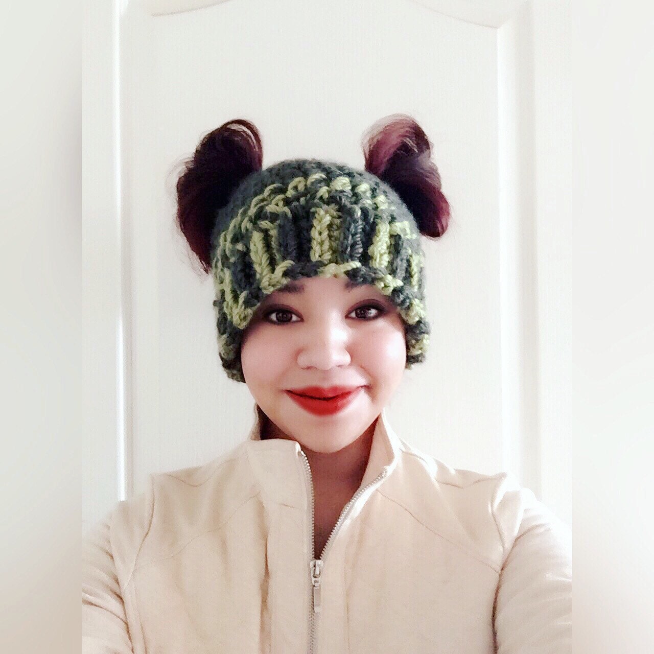 Messy Bun Hat. Beanie. Green. Double 
