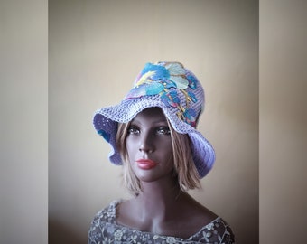 Crocheted Cotton Floppy Hat: Blue Violet Green Lace