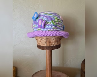Handmade Crocheted Cotton Hat with Needle-Felted Butterflies, Clouds, Moons, Stars