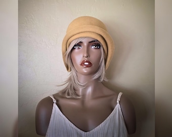 Mustard wool felt cloche hat
