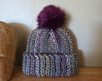 Chunky Beanie Maroon Gray