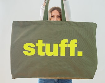 Oversized Olive Canvas Tote Bag: Hand-Printed Weekender Bag