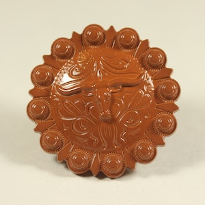 May include: A brown metal concho with a bull's head design and a decorative border of circles.