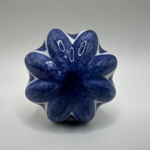 May include: A blue and white ceramic knob with a flower-like design. The knob has a glossy finish and is perfect for adding a touch of farmhouse style to your home decor.