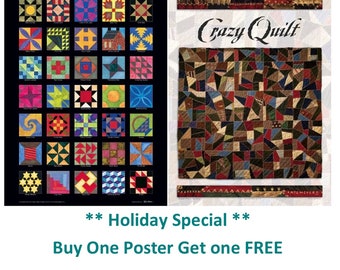 以下が含まれることがあります： カラフルなキルトのパターンが描かれたポスターで、上部に「Crazy Quilt」という文字があります。ポスターは、ホリデーセール「ポスター1枚購入で、もう1枚無料」を宣伝しています。