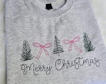 Embroidered Merry Christmas Crewneck | Pink Bows & Green Trees | Ash or White Unisex Sweatshirt Holiday Sweater
