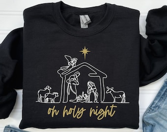 O Holy Night Nativity Crewneck – Custom Color, White & Gold Christmas Sweatshirt, Cozy Unisex Holiday Top