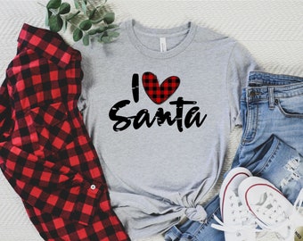 Christmas Shirt - I Love Santa - Buffalo Plaid - Christmas Tee