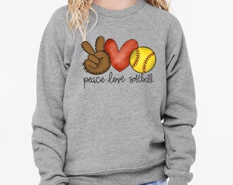 Peace Love Softball Sweatshirt - Youth Sweatshirt - Kids Shirt - Softball Shirt - Girls Crewneck