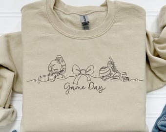 Game Day Hockey Crewneck Sweatshirt with Name on Sleeve, Hockey Sweater, Line Art Hockey Player Design, Sports Mom Game Day Shirt, Custom