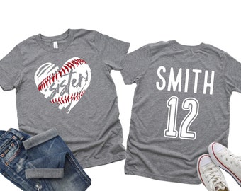 Personalized Baseball Heart Sister T-shirt for Kids with Custom Name and Number on the Back