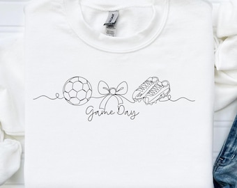 Game Day Soccer Crewneck Sweatshirt with Name Sleeve, Personalized Sweater, Line Art Soccer Shirt, Sports Mom Game Day Shirt, Custom