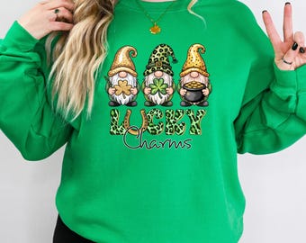 Lucky Charms Gnome Sweatshirt, St Patrick’s Day Gnome Crewneck, Lucky Leopard Shamrock Pullover, Gildan Unisex