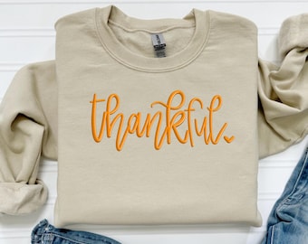 Thankful Sweatshirt • Fall Thanksgiving Shirt • Autumn Crewneck • Cozy Thankful Sweater • Pumpkin Orange Script • Cute Fall Outfit